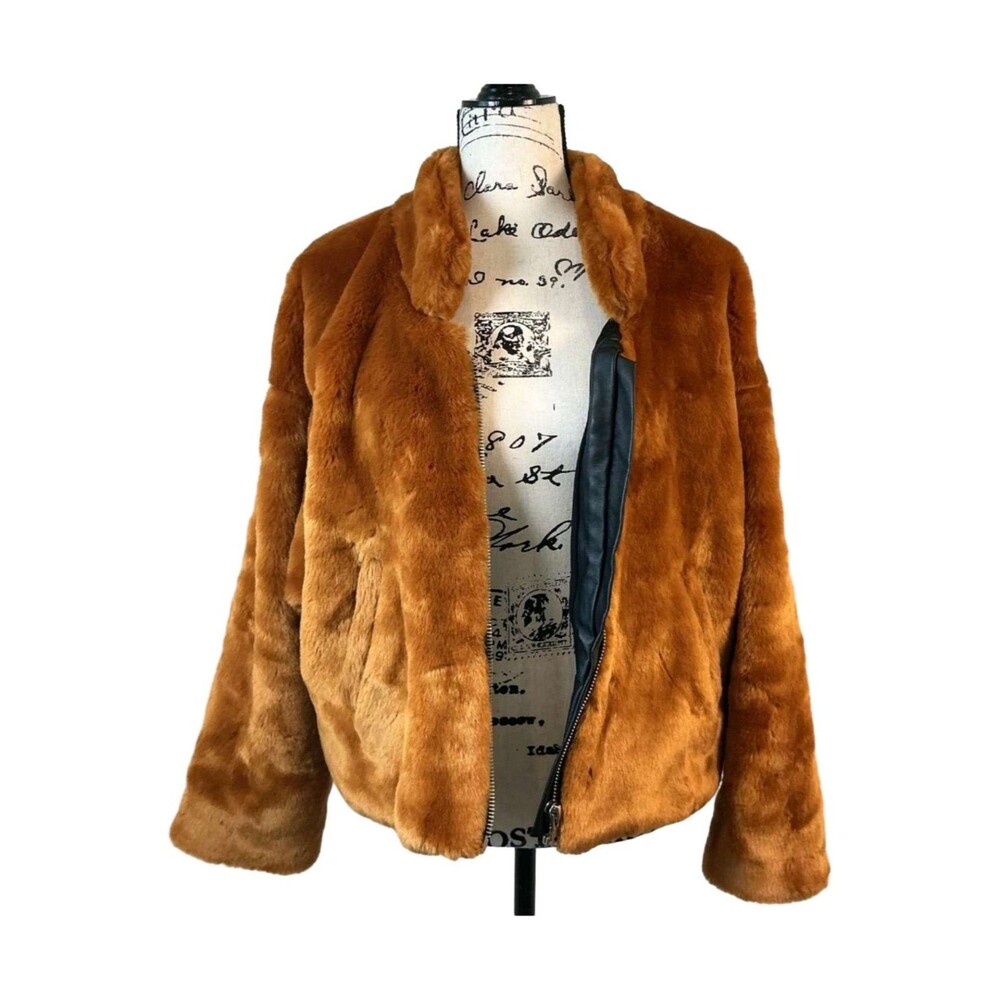 Free People Furry Bomber Jacket Brown/ Orange Zip Up Cozy XS - Picture 3 of 15